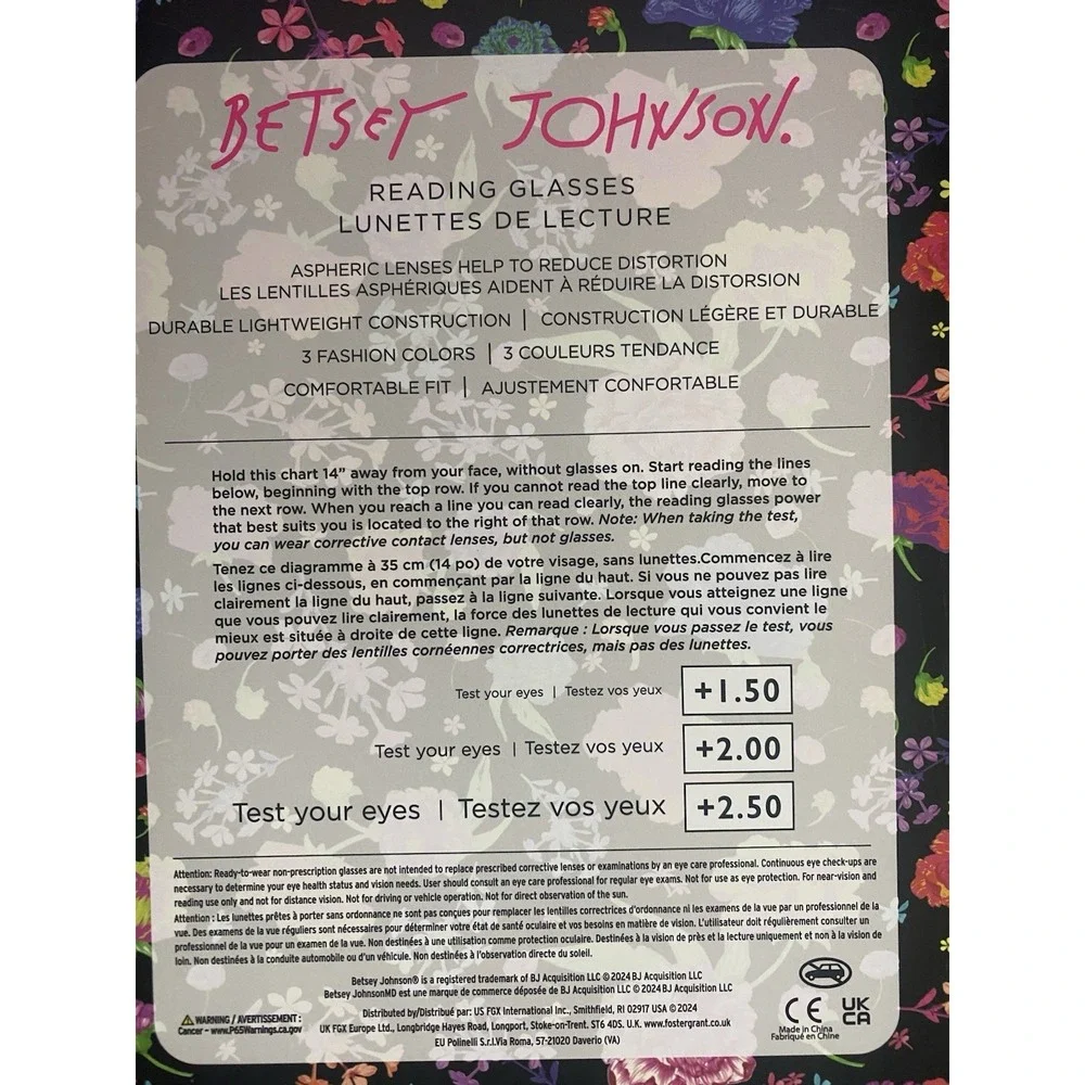 BETSEY JOHNSON 3-PACK READING GLASSES READERS +2.00 NEW Blue Pink Purple